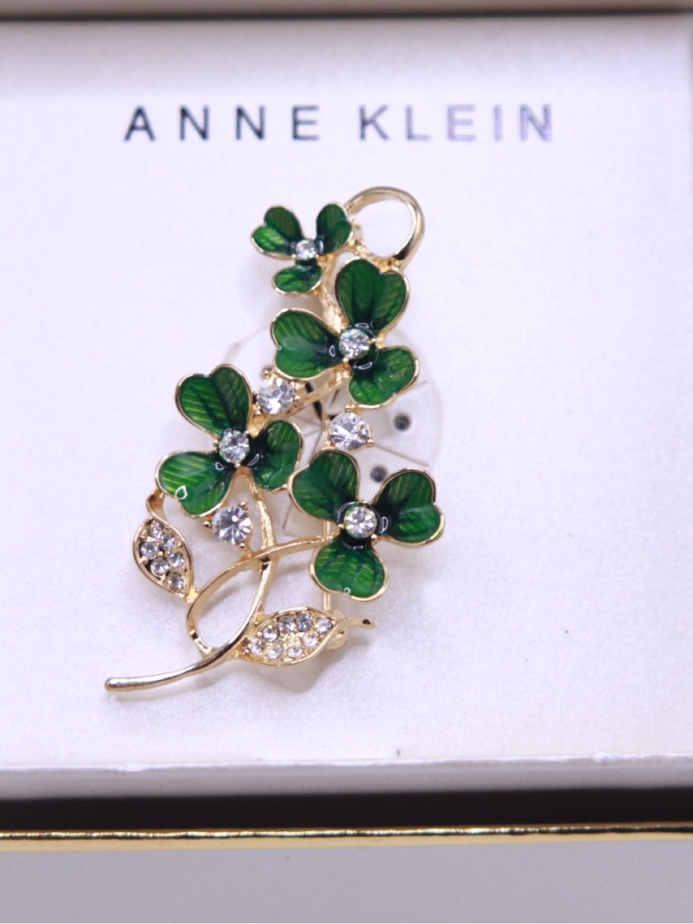 Anne Klein Gold-Tone Green Enamel Floral Brooch with Crystals
